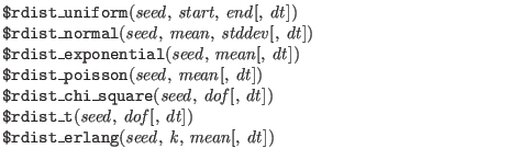 $\textstyle \parbox{4in}{
{\tt \$rdist\_uniform}({\it seed\/}, {\it start\/}, {\...
...\\
{\tt \$rdist\_erlang}({\it seed\/}, {\it k\/}, {\it mean\/}[, {\it dt\/}])}$